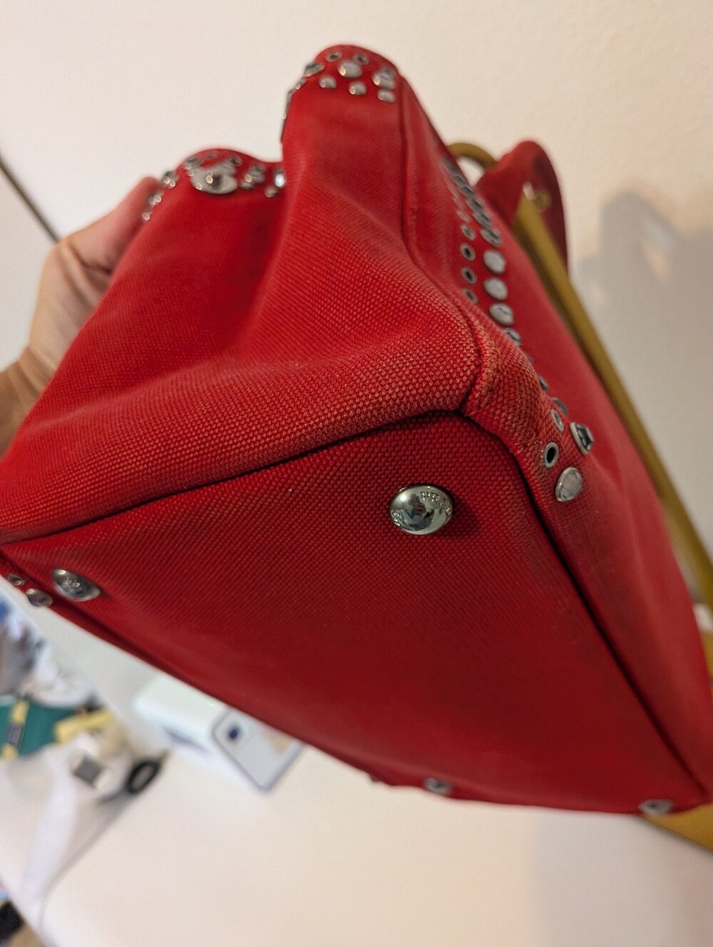 Prada Canapa Red Studded Rhinestone Small Satchel - Picture 6 of 13